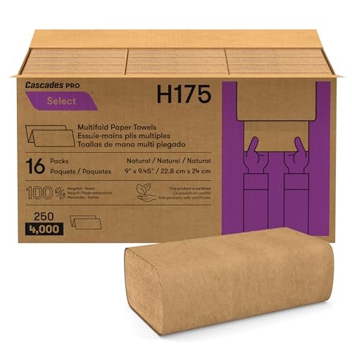 Cascades PRO Select Folded Towels, Multifold, 1-Ply, 9 x 9.45, Natural, 250/Pack, 16 Packs/Carton