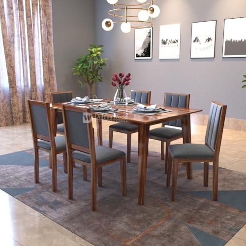 DRIFTINGWOOD Tiya Dining Table 6 Seater | Six Seater Dinning Table with 6 Chairs in Gray Cushions for Home | Rosewood, Honey Finish, Self Assembly(DIY)