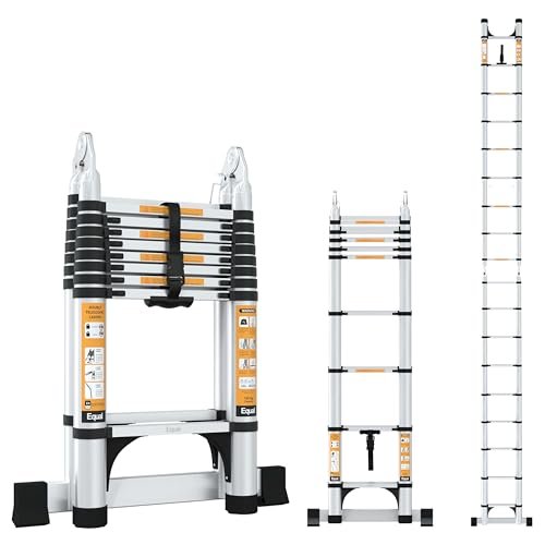 Equal 16.5 FT 2-in-1 Aluminum Telescopic Ladder with 2 Triangle Support & Stabilizers | EN131 Certified with 2 Year Warranty | 150kg Max Capacity | Ladder for Home or Outdoor Work (5m/8+8 Step)
