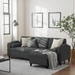 FURNY Rolstar 4 Seater Fabric RHS L Shape Sofa Set with Cupholder & Puffed Arms (Dark Grey)