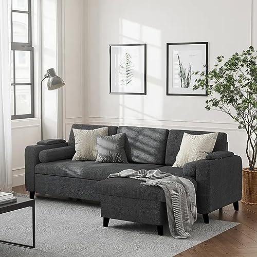 FURNY Rolstar 4 Seater Fabric RHS L Shape Sofa Set with Cupholder & Puffed Arms (Dark Grey)