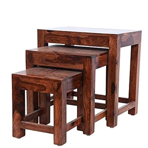 Furnitures Sheesham Wood Nesting Stools for Living Room, Wooden Tables, Set of 3, Brown