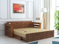 Ganpati Arts Solid Sheesham Wood Diamond 3 Seater Sofa Cum Bed with Storage and Side Pockets for Living Room Wooden Furniture Sofa Bed for Home - Natural Finish 1 Year Warranty, Brown, 3-Person Sofa