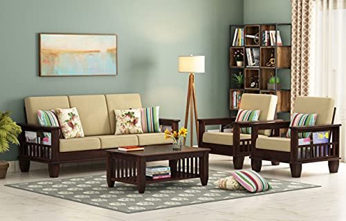 Home furniture Wooden Sofa Set with Center Table for Living Room and Office 5 Seater Walnut Finish, Cream Color Cushion