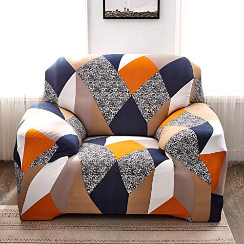 House of Quirk Modern Polyester Universal Flexible/Stretchable Single Seater Geometric Sofa Cover/Sofa Slipcover for Couch (Multi Prism, 90-145cm)