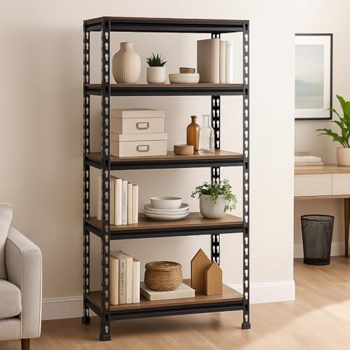 JD FRESH 5-Shelf Adjustable Boltless Metal Shelving Unit/60 x 24 x 12 Inch Metal Storage Rack with Wooden Planks/Standing Shelf Unit for Home/Garage/Office & Shop/Utility Display Rack (Black)