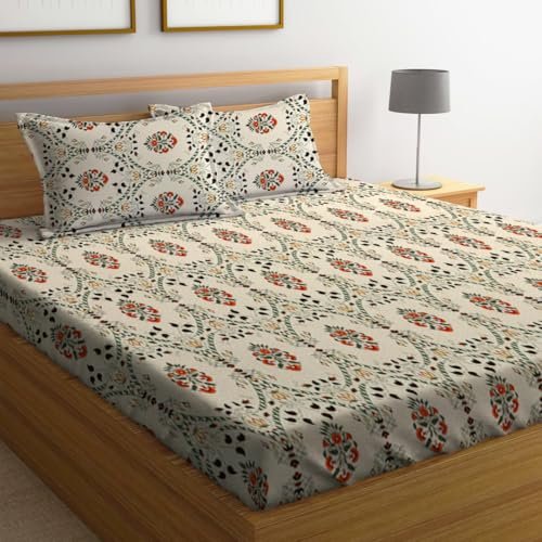 LOOMLYFE 300 TC Cotton Feel Glace Cotton Elastic Fitted Printed King Size Double Bed Bedsheet with 2 Pillow Covers Fits Upto 8 inches Mattress, Size- 72X78 Inches, BeigeJaipuri