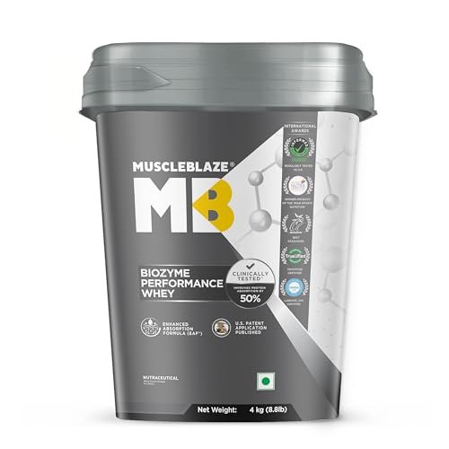 MuscleBlaze Biozyme Performance Whey Protein Powder, Triple Chocolate (4x1kg / 2.2lbs) | 25g Protein Per Scoop | Clinically Tested 50% Higher Protein Absorption