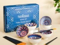 Nestasia Multicolor Bowls Set of 6 with 6 Pair of Chopsticks | Mandala Print Ceramic Bowls for Serving Noodles, Ramen, Snacks, Soups or Curries | Perfect for Gifting (250 ml Each)