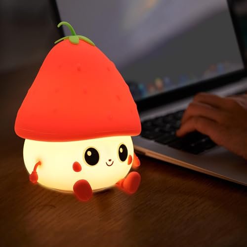 One94Store Strawberry Silicone Night Lamp for Kids – Cute Rechargeable LED Light with Tap Control & 8 Color Modes | Soft Touch Nursery Lamp & Birthday Gift - Red