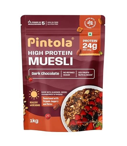 Pintola High Protein Muesli Dark Chocolate & Cranberry 1kg, 24g Protein, High Fibre, Trans Fat Free with Brown Sugar, Real Fruits, Muesli for Breakfast Food, Muselies Fruit Nuts and Seeds 1 kg
