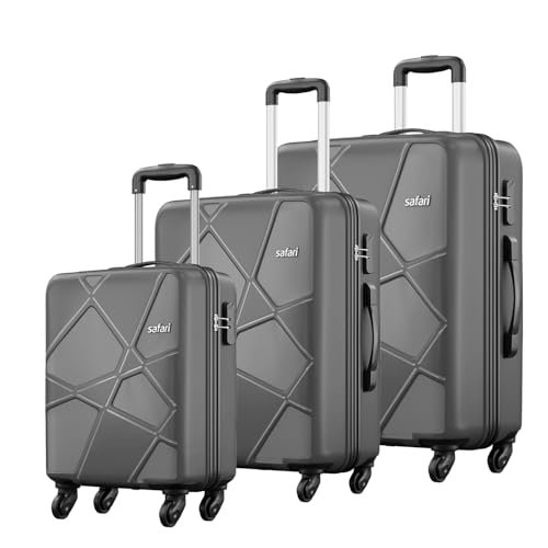 Safari Medium Polypropylene (Pp) Pentagon Hardside Small, & Large Size Spinner 4 Wheels Cabin & Check-in Luggage Set of 3 Suitcase Trolley Bags for Travel-Dark Grey Color,55Cm,66Cm&75Cm,H-54 Cm