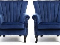 Sofa Set T&T Co. Modern & Luxury Furniture Single Seater Armchair Fabric Accent Upholstered Chair Wing Back with Solid Wooden Legs Living Room (Set of 2 Chairs, Dark Blue)