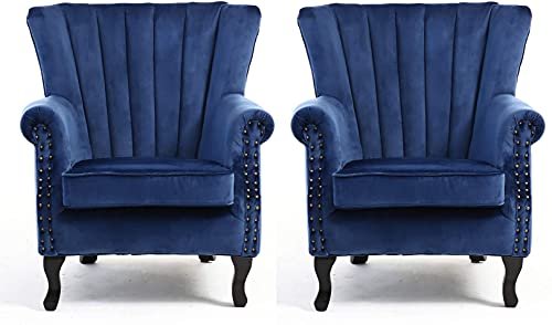 Sofa Set T&T Co. Modern & Luxury Furniture Single Seater Armchair Fabric Accent Upholstered Chair Wing Back with Solid Wooden Legs Living Room (Set of 2 Chairs, Dark Blue)