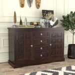 Solid Sheesham Wood Wooden Cabinet Sideboard with 4 Drawers and 2-Door Storage (Walnut Finish)