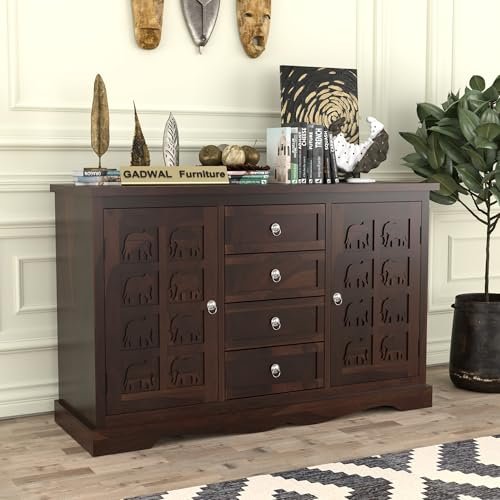 Solid Sheesham Wood Wooden Cabinet Sideboard with 4 Drawers and 2-Door Storage (Walnut Finish)
