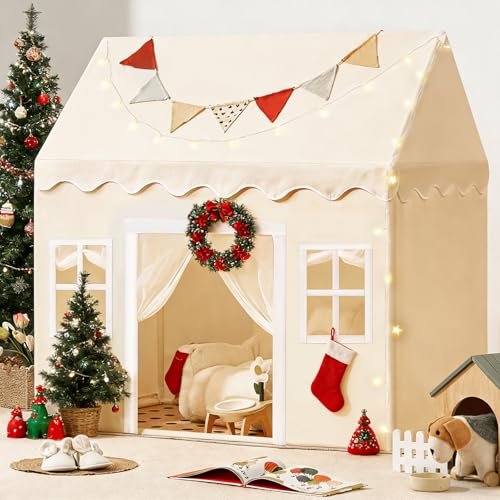 Tiny Land Play Tent With Mat And Lights, Kids Tent Indoor/Outdoor, Kids Play Tent With Windows, 52" X35" X 53", Large Toddler Tent For Kids Aged 3+, Kids Room Furniture, Off White, Playhouse Theme