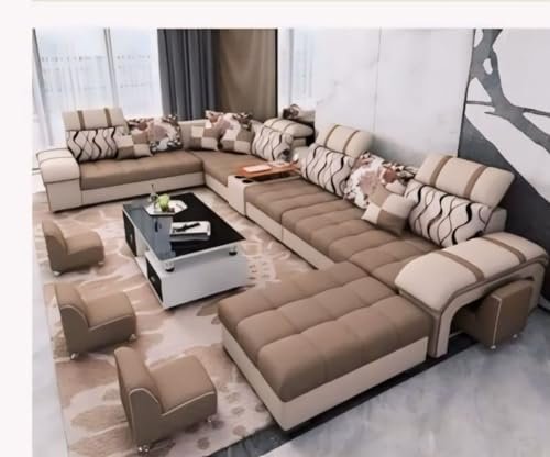 Torque - Galster 12 Seater Sofa Set for Living Room (Right Side, Brown & Beige) | U Shape Sectional Sofa Set with Cup Holder & Storage with 4 Puffy | 3 Years Warranty