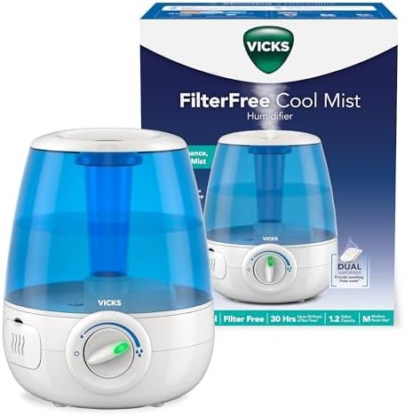 Vicks Filter-Free Ultrasonic Humidifier, Recommended by Pediatricians*, 1.2 Gal Ultrasonic Cool Mist Humidifiers for Bedrooms & Kids Rooms, Works with Vicks VapoPads