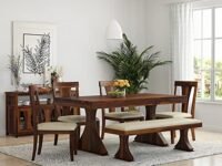 WOODSTAGE Sheesham Wood 6 Seater Dining Table with 4 Cushion Chairs & 1 Bench Wooden Furniture Six Seater Dinner Table Set for Living Room Home (Teak Finish)