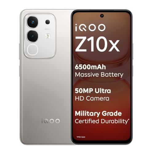 iQOO Z10x 5G (Titanium, 8GB RAM, 128GB Storage) | 6500 mAh Large Capacity Battery | Dimensity 7300 Processor | Military-Grade Durability