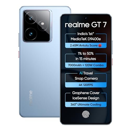 realme GT 7 (IceSense Blue,12GB+512GB) | India's 1st MediaTek Dimensity 9400e Chipset | Strongest Battery Combo 7000mAh + 120W | AI 4K 120FPS Travel Camera | 360° Cooling IceSense Design with Graphene