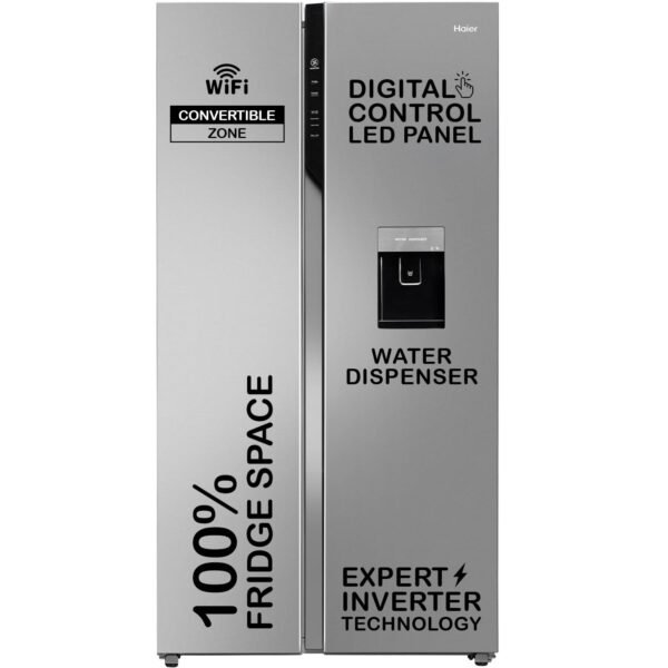 Haier SmartChoice 596L 3Star 2-Door Water Dispenser Side by Side Frost Free Refrigerator|Convertible|Smart Sense AI | Expert Inverter|Digital Display Panel (HRS-682SWDU1, Shiny Silver)