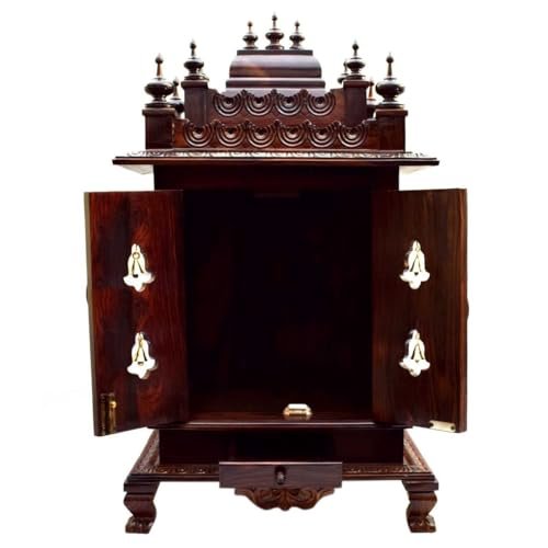 Tarang Arts Rose Wooden Home Temple, Handcrafted Pooja Mandir with Decorative Bells, Rosewood Finish, for Home and Office Puja Mandir for 36 * 21 * 14 inches