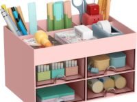 Home Cube Multi-Functional Desk Organizer With 4 Compartments & 4 Pull Out Drawer Desktop Office Supplies Stationery Storage Box Cosmetic Organizer For Pens Staplers Clips Sticky Notes-Pink-Plastic