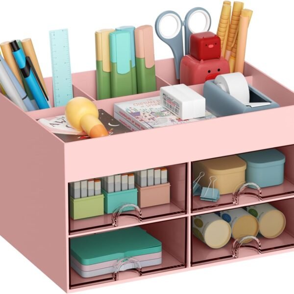 Home Cube Multi-Functional Desk Organizer With 4 Compartments & 4 Pull Out Drawer Desktop Office Supplies Stationery Storage Box Cosmetic Organizer For Pens Staplers Clips Sticky Notes-Pink-Plastic
