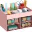 Home Cube Multi-Functional Desk Organizer With 4 Compartments & 4 Pull Out Drawer Desktop Office Supplies Stationery Storage Box Cosmetic Organizer For Pens Staplers Clips Sticky Notes-Pink-Plastic