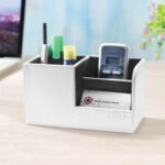 CLADD INTERNATIONAL Vegan Leather Compact Office Desk Organizer Multifunctional Storage with 3 Compartment | Stationery Supplies | Business Card | Remote | Makeup Accessories | Mobile | White