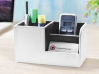 CLADD INTERNATIONAL Vegan Leather Compact Office Desk Organizer Multifunctional Storage with 3 Compartment | Stationery Supplies | Business Card | Remote | Makeup Accessories | Mobile | White