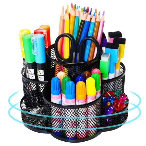 360° Rotating Desk Organizer – Mesh Pen Stand with 9 Compartments for Office, School, Home – Multi-Functional Stationery Holder for Pens, Markers, Pencils, Clips & Supplies (Black)