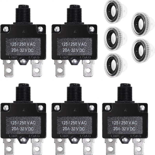 5PCS 20Amp Circuit Breakers with Push Button Reset with Quick Connect Terminals and Waterproof Button Cap
