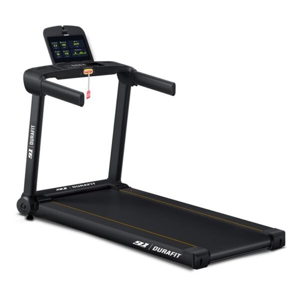 91-Durafit Racer 5 HP Peak BLDC Motorized Treadmill | 120 Kg User Weight| 16 Km/Hr Max Speed| Hydraulic Foldable| Bluetooth Speaker | Wynd app | Home use
