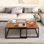 ABOUT SPACE Nesting Tables Set of 2 - Space Saving Table for Living Room Engineered Wood Stackable Tea, Coffee Center Table with Metal Frame for Home, Office (Wood Colour - L 75 x B 75 x H 45 cm)