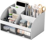 ABS Multifunctional Desk Organiser with 6 Compartments & 2 Drawer Desktop Office Supplies Stationery Storage Box for Pens Staplers Clips Sticky Notes Mobile Holder - White