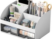 ABS Multifunctional Desk Organiser with 6 Compartments & 2 Drawer Desktop Office Supplies Stationery Storage Box for Pens Staplers Clips Sticky Notes Mobile Holder - White