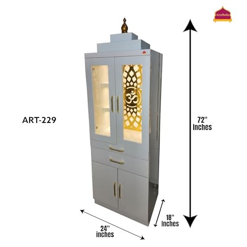 ARTOFINDIA White Wooden Pooja Door Mandir for Home/Temple for Office/Pooja Mandir Door with Om Golden Jali LED Warm White Light & 4 shelfs
