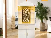 ARTOFINDIA White Wooden Pooja Mandir for Home & Office | Wooden Temple with Golden Om Jali, LED Light & 4 Shelves | Fully Assembled
