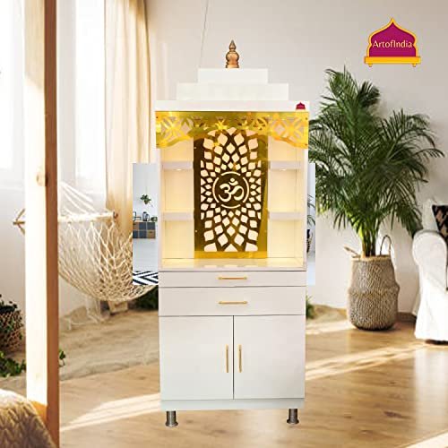 ARTOFINDIA White Wooden Pooja Mandir for Home & Office | Wooden Temple with Golden Om Jali, LED Light & 4 Shelves | Fully Assembled