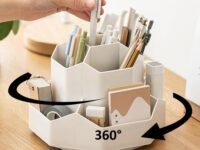 AccuPrints 360-Degree Rotating Desk Organizer,Size 13 x 18 cm |Pen Pencil Holder with 9 Slot Desktop Organizer for Office Supplies Stationery Staplers Clips - White