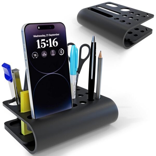 Acrylic Tiny Twist Pen and Pencil Stationary Storage | Phone Stand | Mini Desk Organizer | Individual compartment for all the stationary | Home and Office Accessories | Black
