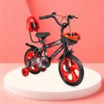 Amazon Brand - Jam & Honey Kids 14T Bicycle | Sturdy Steel Frame | EVA Tyres | Adjustable Seat & Handlebar | Training Wheels | Front Basket | Red