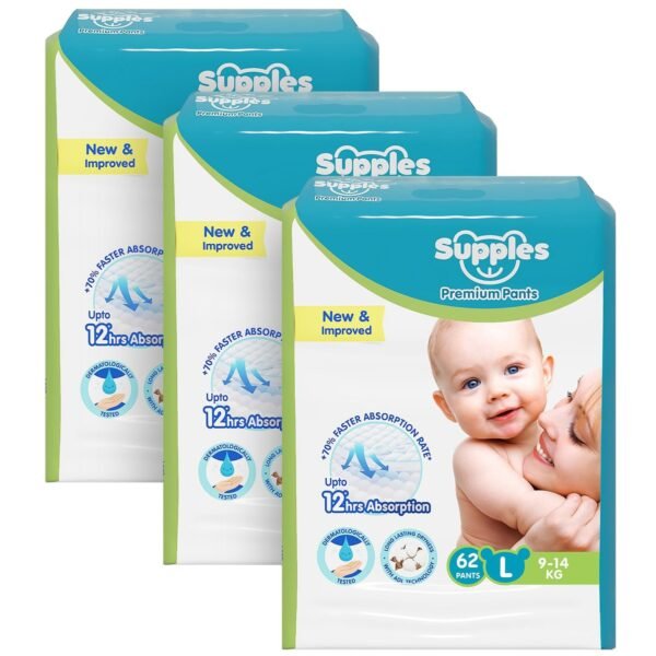 Amazon Brand - Supples Premium Baby Diaper Pants | 186 Baby Diapers | Large | 9-14 Kg | 12 Hrs Absorption | Cushiony Cotton Soft Fabric | Phthalates-Free | Triple Leak Guard | 62 Count, Pack of 3