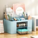 Amazon Brand - Umi Multi-functional Desk Organiser with 5 Compartments & 2 Drawer Desktop Office Supplies Stationery Storage Box Cosmetic Organizer for Pens Staplers Clips Sticky Notes - Blue