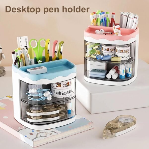 Amazon Brand - Umi Multifunctional Desk Organiser with 3 Compartments & 2 Rotating Drawer Desktop Office Supplies Stationery Storage Box for Pens Staplers Clips Sticky Notes Study Table - Blue