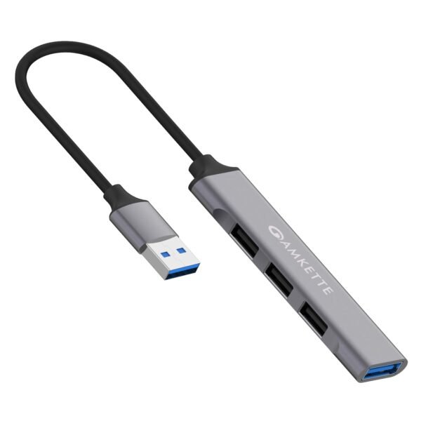 Amkette 4 Port USB Hub for Laptop/PC with USB 3.0 Port for 5 Gbps Superspeed Data Transmission,1*USB 3.0 Ports, 3*USB 2.0 Port,Sleek Metal Design,Universally Compatible with All USB,PC,Laptop (Grey)