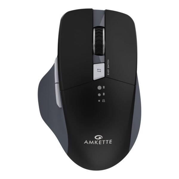 Amkette Hush Pro Epic M Rechargeable Wireless Mouse/Bluetooth Mouse | 3 Device Connectivity (2xBT&2.4G) with Top Mounted Device Switch Button, Silent Switches, Ergonomic Design, Upto 3200 DPI (Black)
